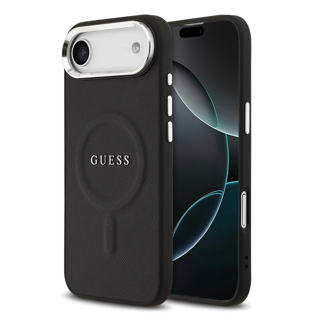 Apple iPhone 17 Air Kılıf Guess Orjinal Lisanslı M-safe Şarj Özellikli Klasik Yazı Logolu PU Deri Kapak Siyah