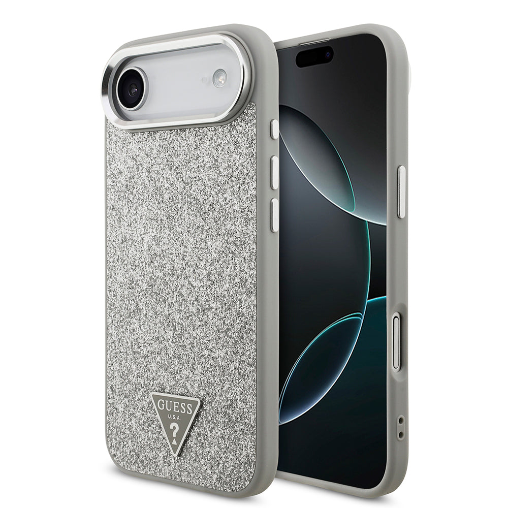 Apple iPhone 17 Air Kılıf Guess Orjinal Lisanslı M-safe Şarj Özellikli Metal Kamera Çerçeveli Üçgen Logolu Glitter Kapak Gri