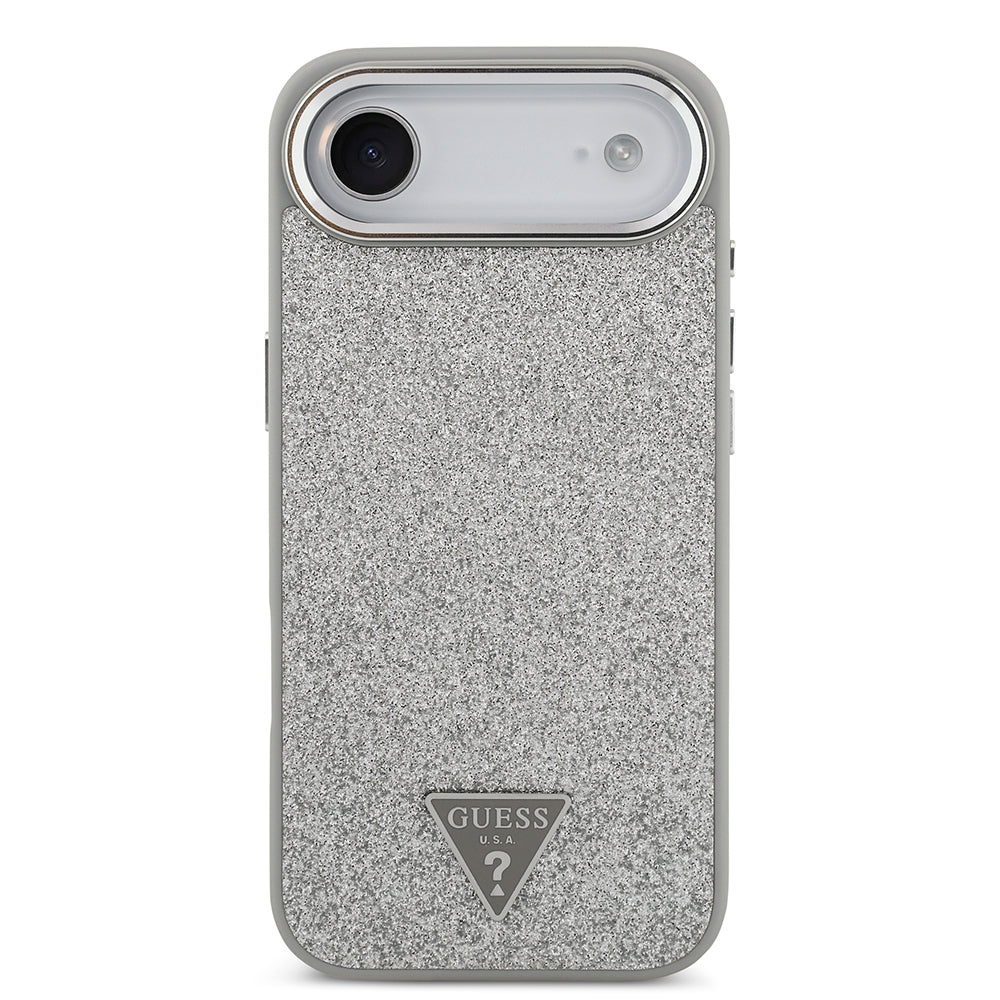 Apple iPhone 17 Air Kılıf Guess Orjinal Lisanslı M-safe Şarj Özellikli Metal Kamera Çerçeveli Üçgen Logolu Glitter Kapak Gri