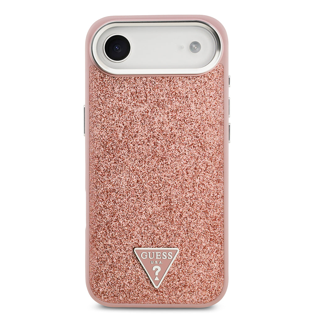 Apple iPhone 17 Air Kılıf Guess Orjinal Lisanslı M-safe Şarj Özellikli Metal Kamera Çerçeveli Üçgen Logolu Glitter Kapak Pembe