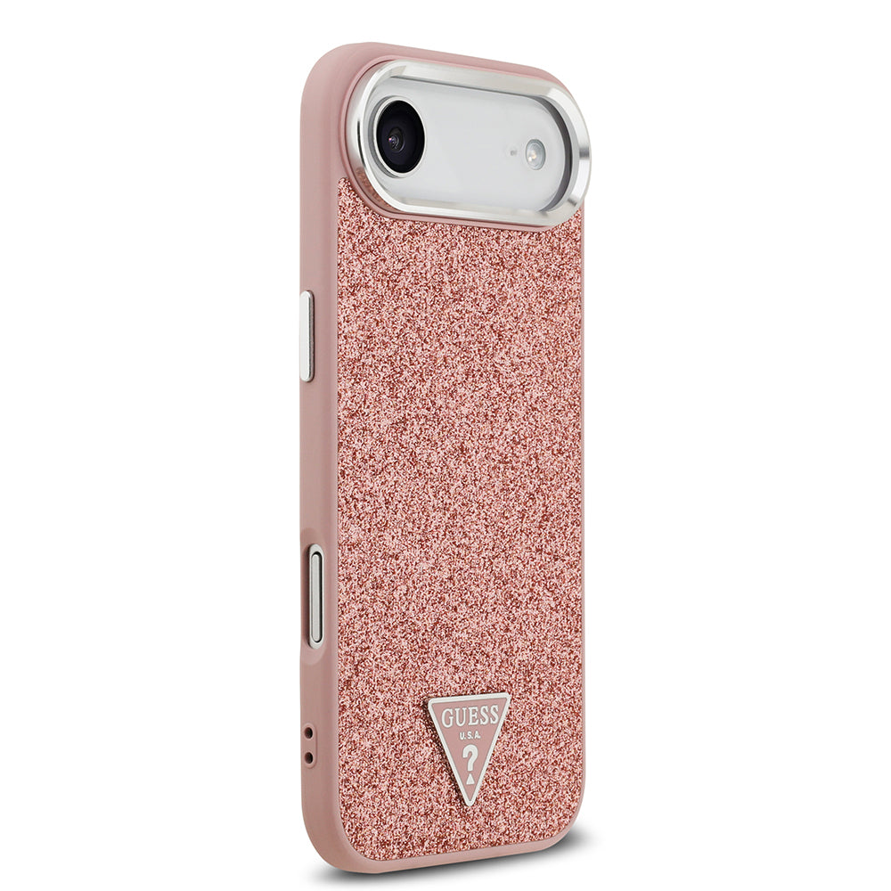 Apple iPhone 17 Air Kılıf Guess Orjinal Lisanslı M-safe Şarj Özellikli Metal Kamera Çerçeveli Üçgen Logolu Glitter Kapak Pembe
