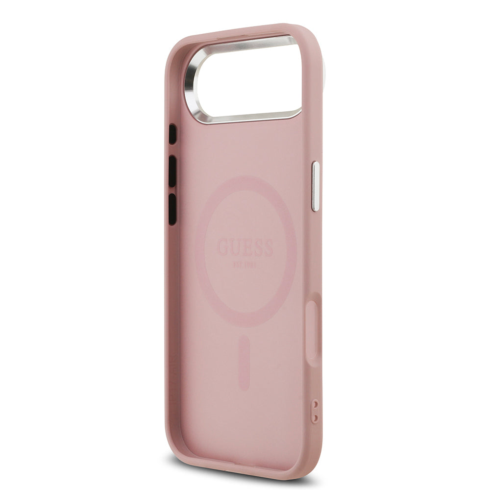 Apple iPhone 17 Air Kılıf Guess Orjinal Lisanslı M-safe Şarj Özellikli Metal Kamera Çerçeveli Üçgen Logolu Glitter Kapak Pembe