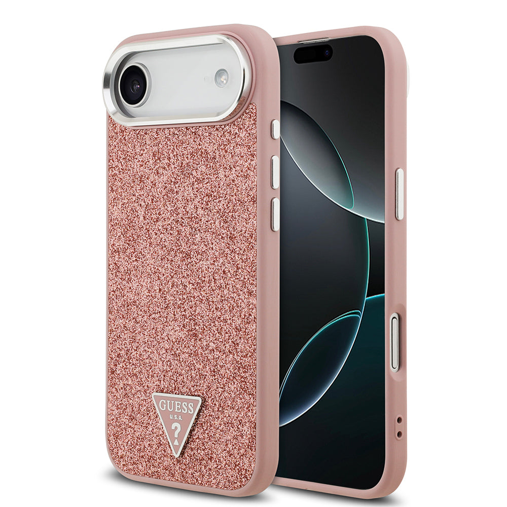 Apple iPhone 17 Air Kılıf Guess Orjinal Lisanslı M-safe Şarj Özellikli Metal Kamera Çerçeveli Üçgen Logolu Glitter Kapak Pembe