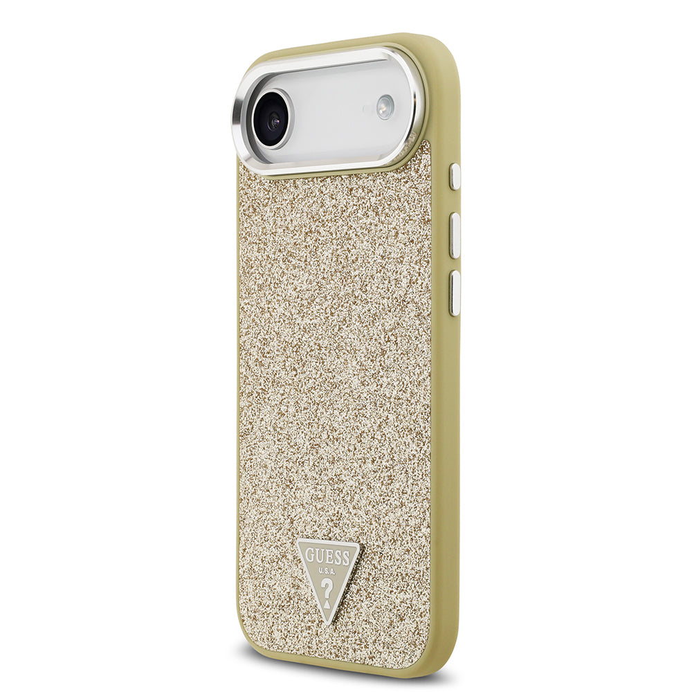 Apple iPhone 17 Air Kılıf Guess Orjinal Lisanslı M-safe Şarj Özellikli Metal Kamera Çerçeveli Üçgen Logolu Glitter Kapak Gold