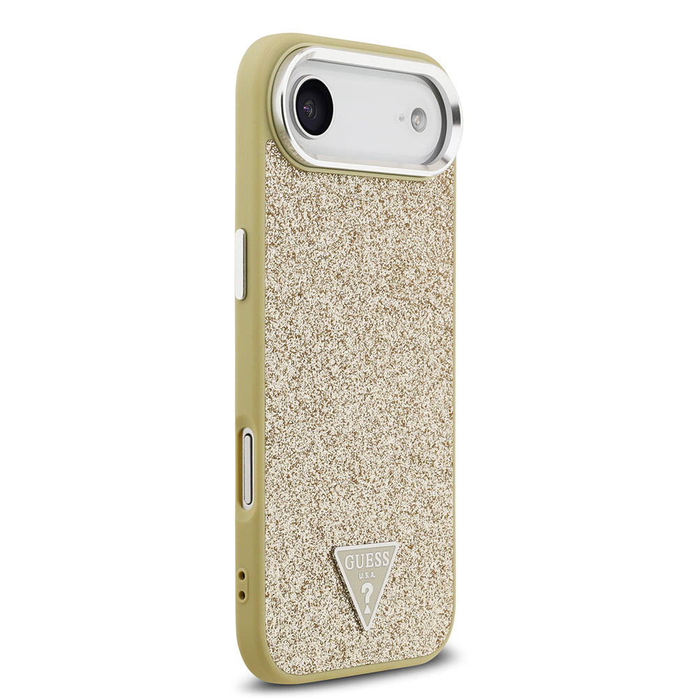 Apple iPhone 17 Air Kılıf Guess Orjinal Lisanslı M-safe Şarj Özellikli Metal Kamera Çerçeveli Üçgen Logolu Glitter Kapak Gold