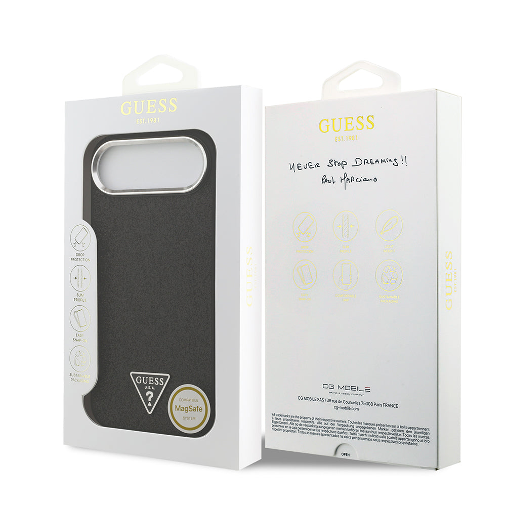 Apple iPhone 17 Air Kılıf Guess Orjinal Lisanslı M-safe Şarj Özellikli Metal Kamera Çerçeveli Üçgen Logolu Glitter Kapak Siyah