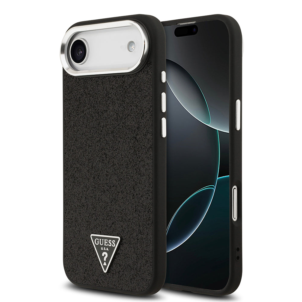 Apple iPhone 17 Air Kılıf Guess Orjinal Lisanslı M-safe Şarj Özellikli Metal Kamera Çerçeveli Üçgen Logolu Glitter Kapak Siyah
