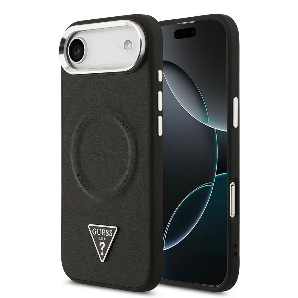 Apple iPhone 17 Air Kılıf Guess Orjinal Lisanslı M-safe Şarj Özellikli PU Deri Metal Kamera Çerçeveli Üçgen Logolu Kapak Siyah