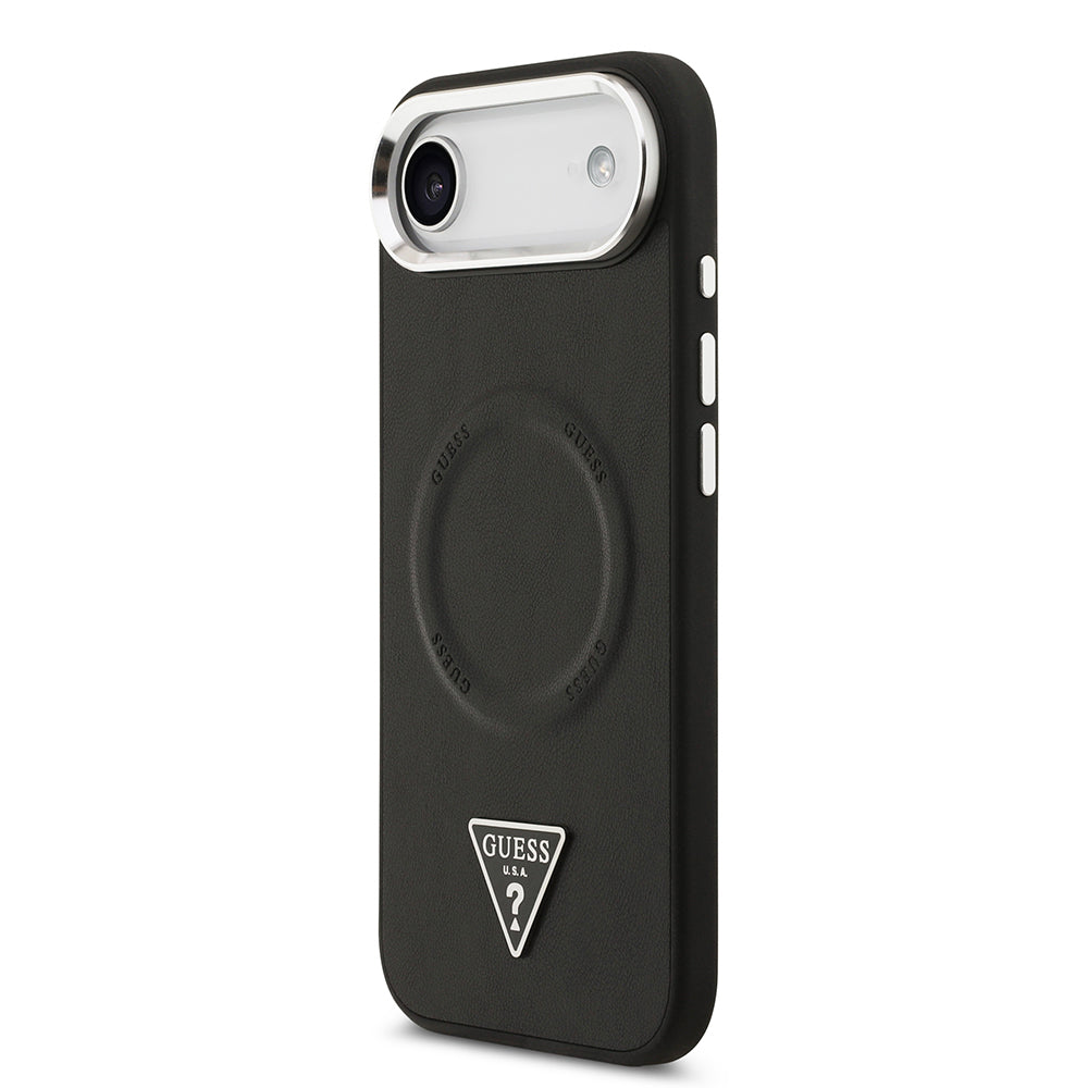 Apple iPhone 17 Air Kılıf Guess Orjinal Lisanslı M-safe Şarj Özellikli PU Deri Metal Kamera Çerçeveli Üçgen Logolu Kapak Siyah