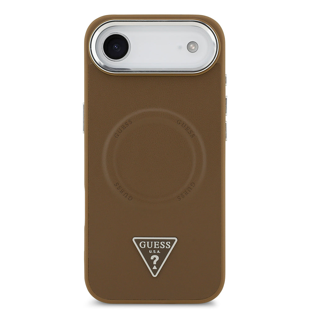 Apple iPhone 17 Air Kılıf Guess Orjinal Lisanslı M-safe Şarj Özellikli PU Deri Metal Kamera Çerçeveli Üçgen Logolu Kapak Kahverengi