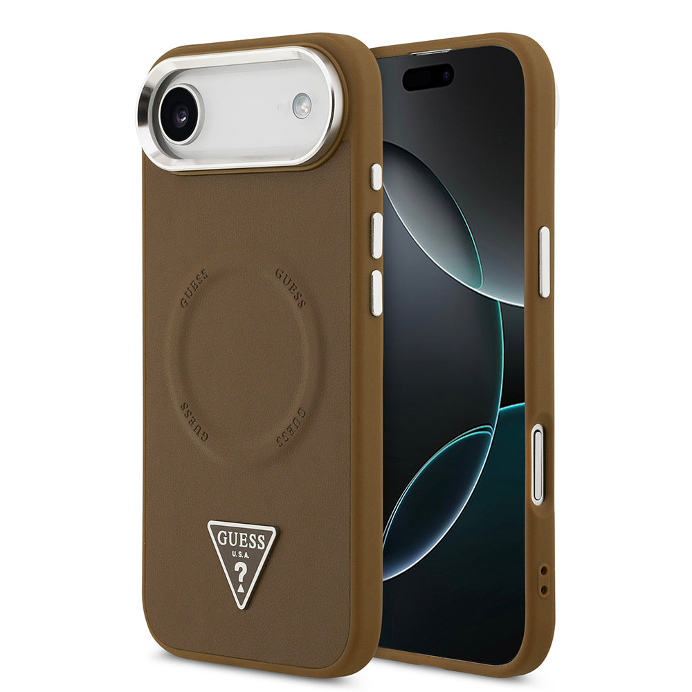 Apple iPhone 17 Air Kılıf Guess Orjinal Lisanslı M-safe Şarj Özellikli PU Deri Metal Kamera Çerçeveli Üçgen Logolu Kapak Kahverengi