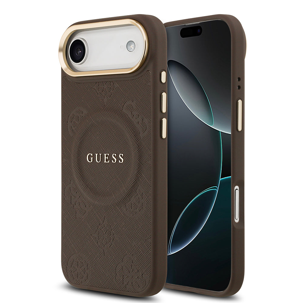 Apple iPhone 17 Air Kılıf Guess Orjinal Lisanslı M-safe Şarj Özellikli Sıcak Baskılı Yazı Logolu PU Deri Peony Kapak Kahverengi