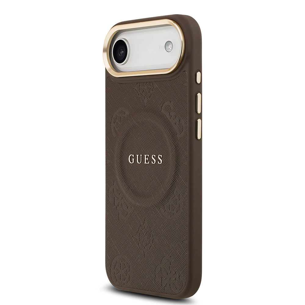 Apple iPhone 17 Air Kılıf Guess Orjinal Lisanslı M-safe Şarj Özellikli Sıcak Baskılı Yazı Logolu PU Deri Peony Kapak Kahverengi
