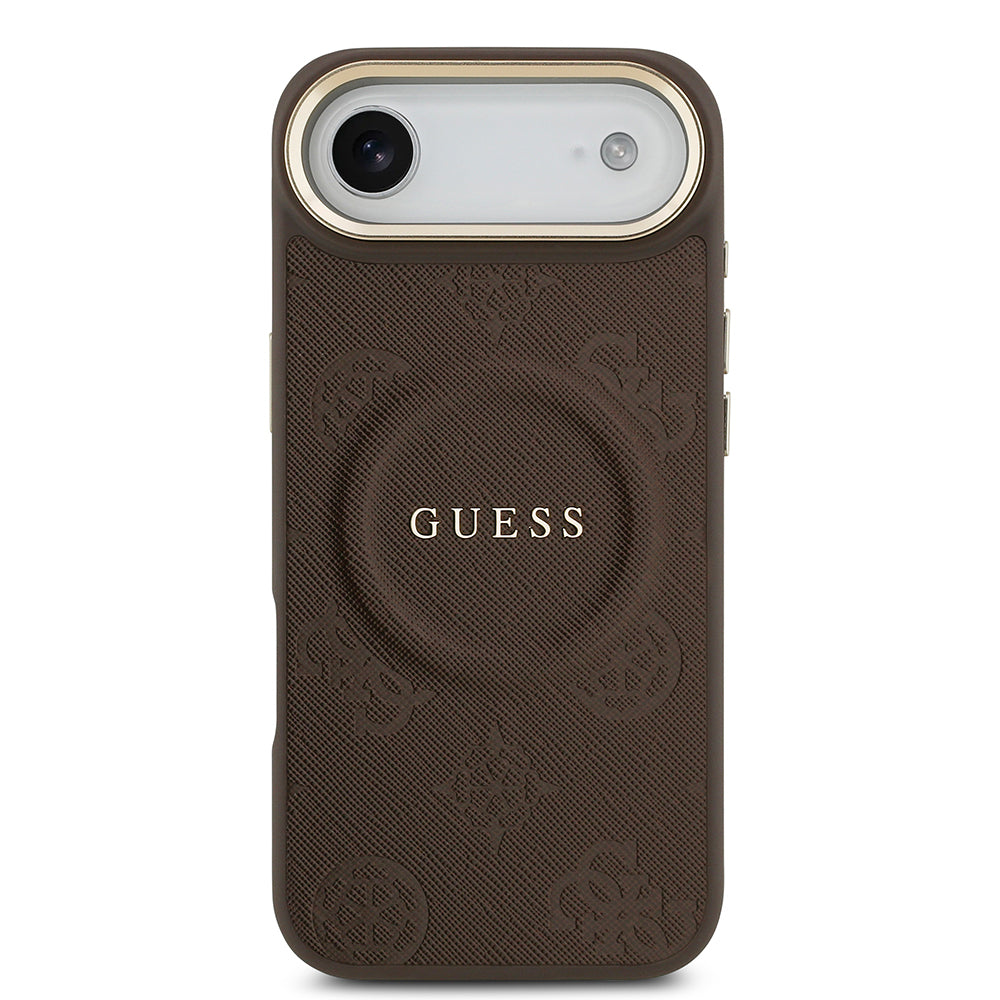 Apple iPhone 17 Air Kılıf Guess Orjinal Lisanslı M-safe Şarj Özellikli Sıcak Baskılı Yazı Logolu PU Deri Peony Kapak Kahverengi