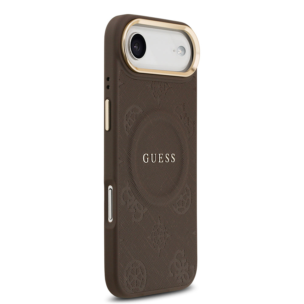 Apple iPhone 17 Air Kılıf Guess Orjinal Lisanslı M-safe Şarj Özellikli Sıcak Baskılı Yazı Logolu PU Deri Peony Kapak Kahverengi