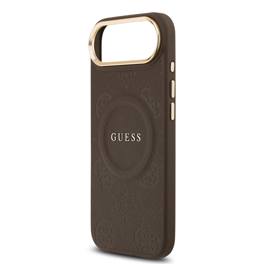 Apple iPhone 17 Air Kılıf Guess Orjinal Lisanslı M-safe Şarj Özellikli Sıcak Baskılı Yazı Logolu PU Deri Peony Kapak Kahverengi