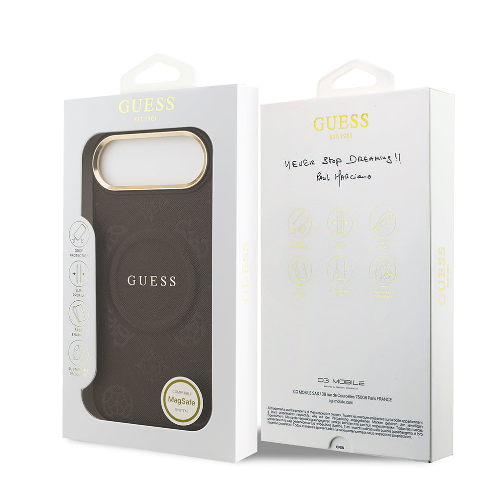 Apple iPhone 17 Air Kılıf Guess Orjinal Lisanslı M-safe Şarj Özellikli Sıcak Baskılı Yazı Logolu PU Deri Peony Kapak Kahverengi