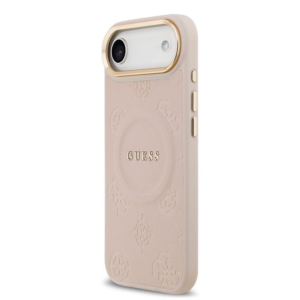 Apple iPhone 17 Air Kılıf Guess Orjinal Lisanslı M-safe Şarj Özellikli Sıcak Baskılı Yazı Logolu PU Deri Peony Kapak Pembe