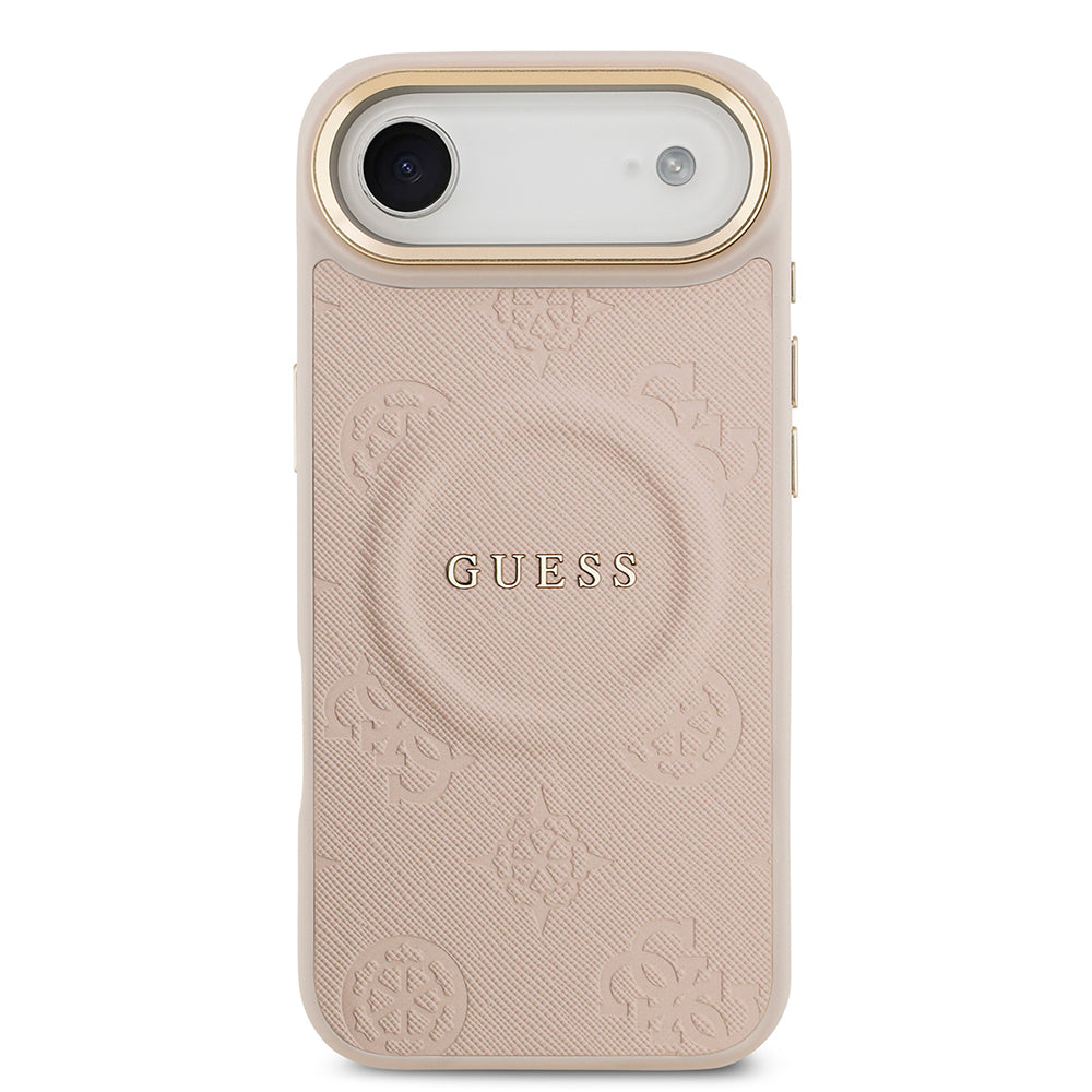 Apple iPhone 17 Air Kılıf Guess Orjinal Lisanslı M-safe Şarj Özellikli Sıcak Baskılı Yazı Logolu PU Deri Peony Kapak Pembe