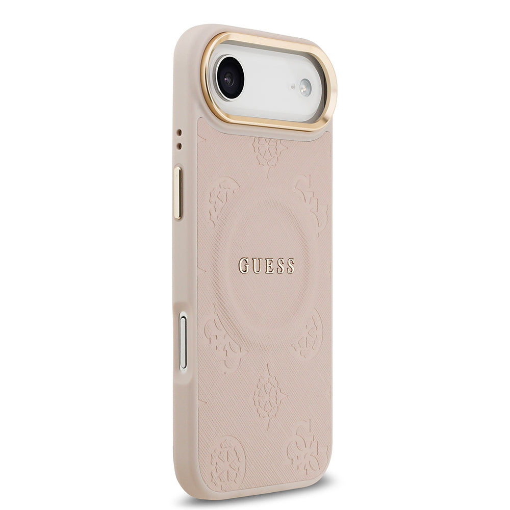 Apple iPhone 17 Air Kılıf Guess Orjinal Lisanslı M-safe Şarj Özellikli Sıcak Baskılı Yazı Logolu PU Deri Peony Kapak Pembe
