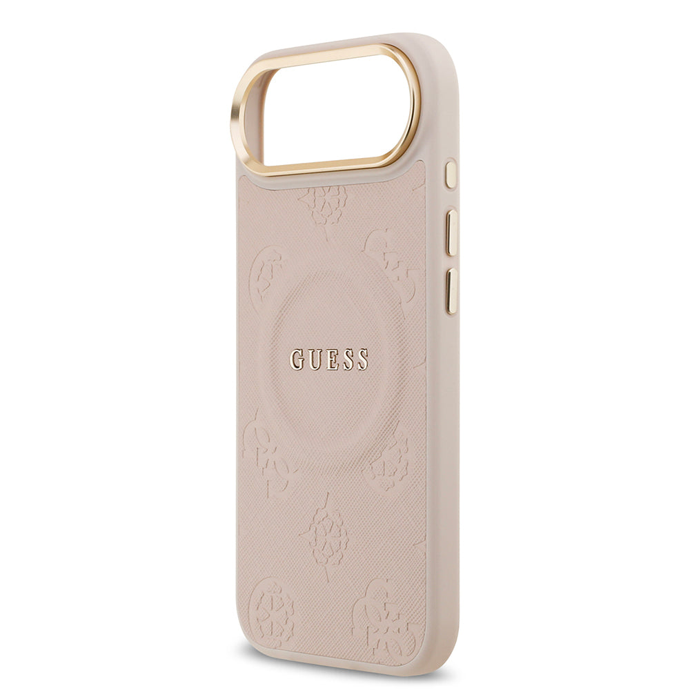 Apple iPhone 17 Air Kılıf Guess Orjinal Lisanslı M-safe Şarj Özellikli Sıcak Baskılı Yazı Logolu PU Deri Peony Kapak Pembe