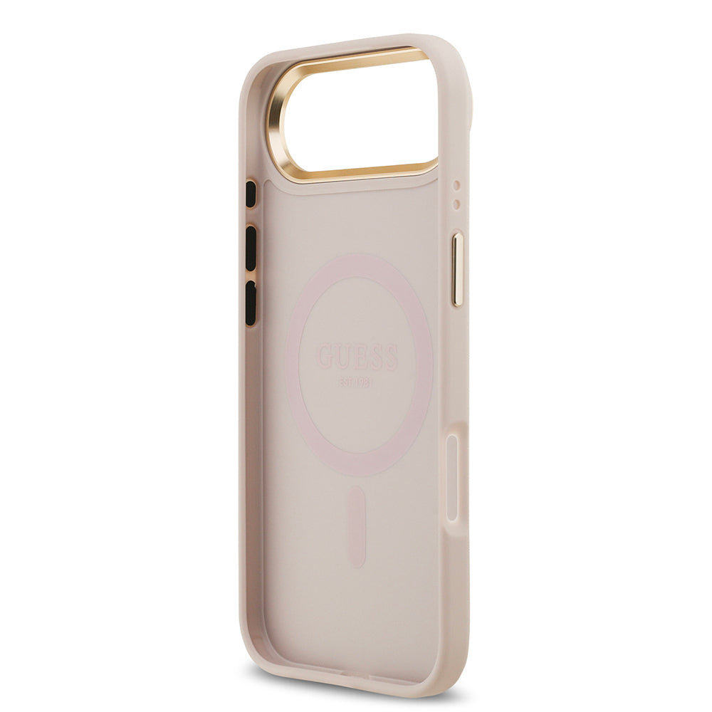 Apple iPhone 17 Air Kılıf Guess Orjinal Lisanslı M-safe Şarj Özellikli Sıcak Baskılı Yazı Logolu PU Deri Peony Kapak Pembe
