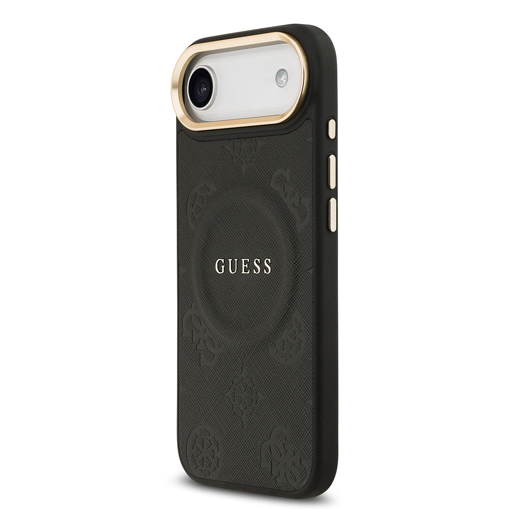 Apple iPhone 17 Air Kılıf Guess Orjinal Lisanslı M-safe Şarj Özellikli Sıcak Baskılı Yazı Logolu PU Deri Peony Kapak Siyah