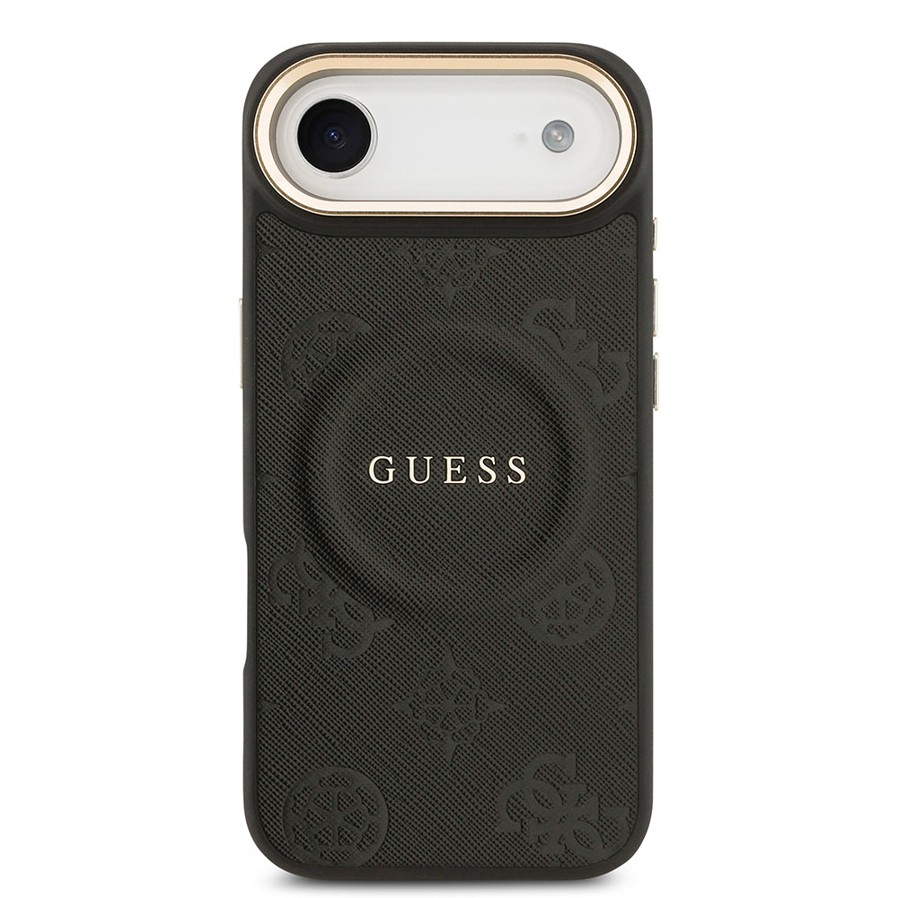 Apple iPhone 17 Air Kılıf Guess Orjinal Lisanslı M-safe Şarj Özellikli Sıcak Baskılı Yazı Logolu PU Deri Peony Kapak Siyah