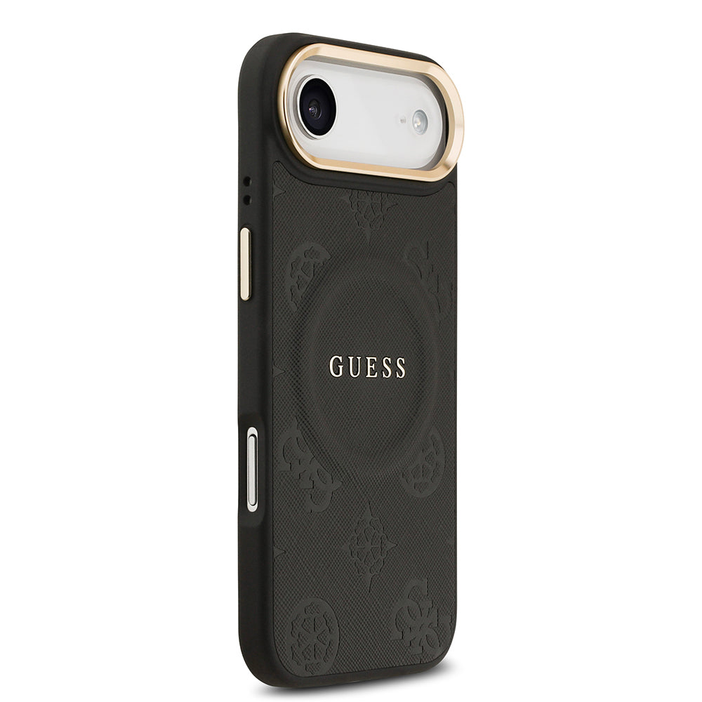Apple iPhone 17 Air Kılıf Guess Orjinal Lisanslı M-safe Şarj Özellikli Sıcak Baskılı Yazı Logolu PU Deri Peony Kapak Siyah