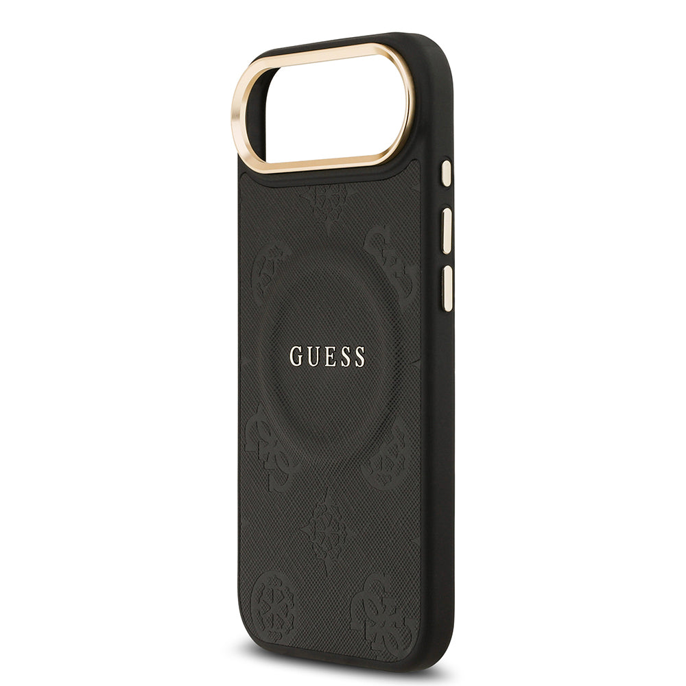 Apple iPhone 17 Air Kılıf Guess Orjinal Lisanslı M-safe Şarj Özellikli Sıcak Baskılı Yazı Logolu PU Deri Peony Kapak Siyah