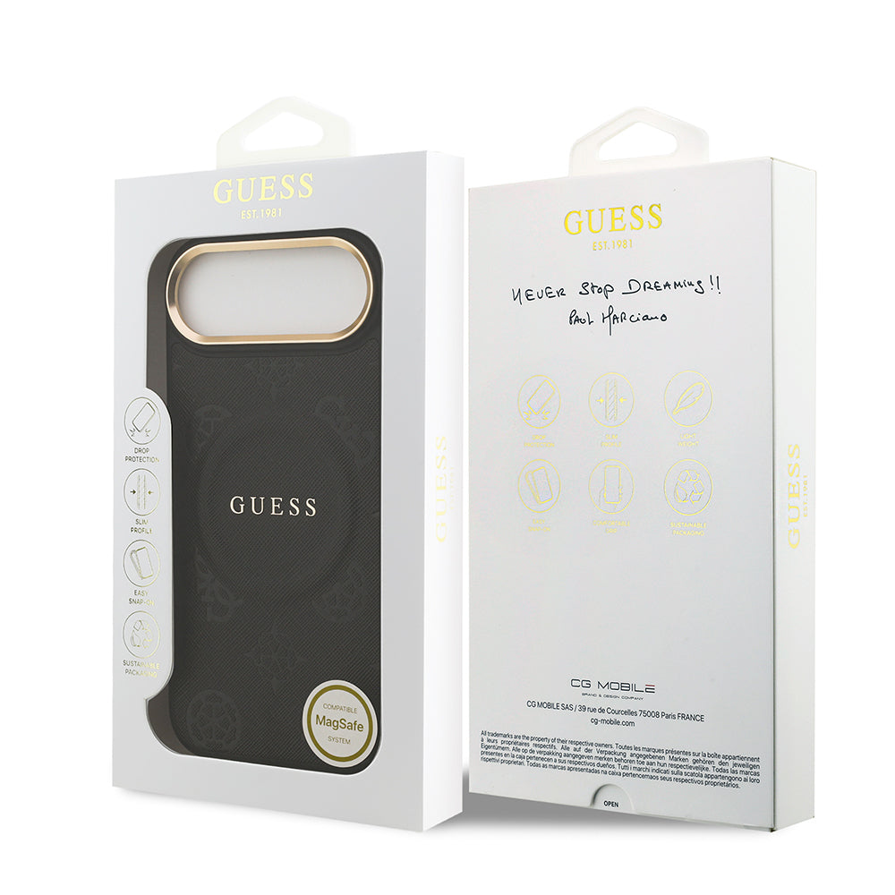 Apple iPhone 17 Air Kılıf Guess Orjinal Lisanslı M-safe Şarj Özellikli Sıcak Baskılı Yazı Logolu PU Deri Peony Kapak Siyah