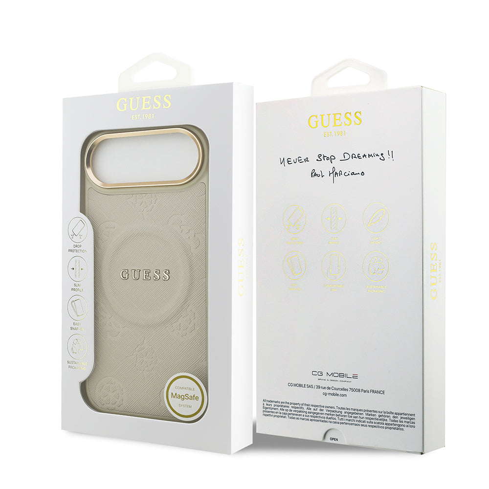Apple iPhone 17 Air Kılıf Guess Orjinal Lisanslı M-safe Şarj Özellikli Sıcak Baskılı Yazı Logolu PU Deri Peony Kapak Bej