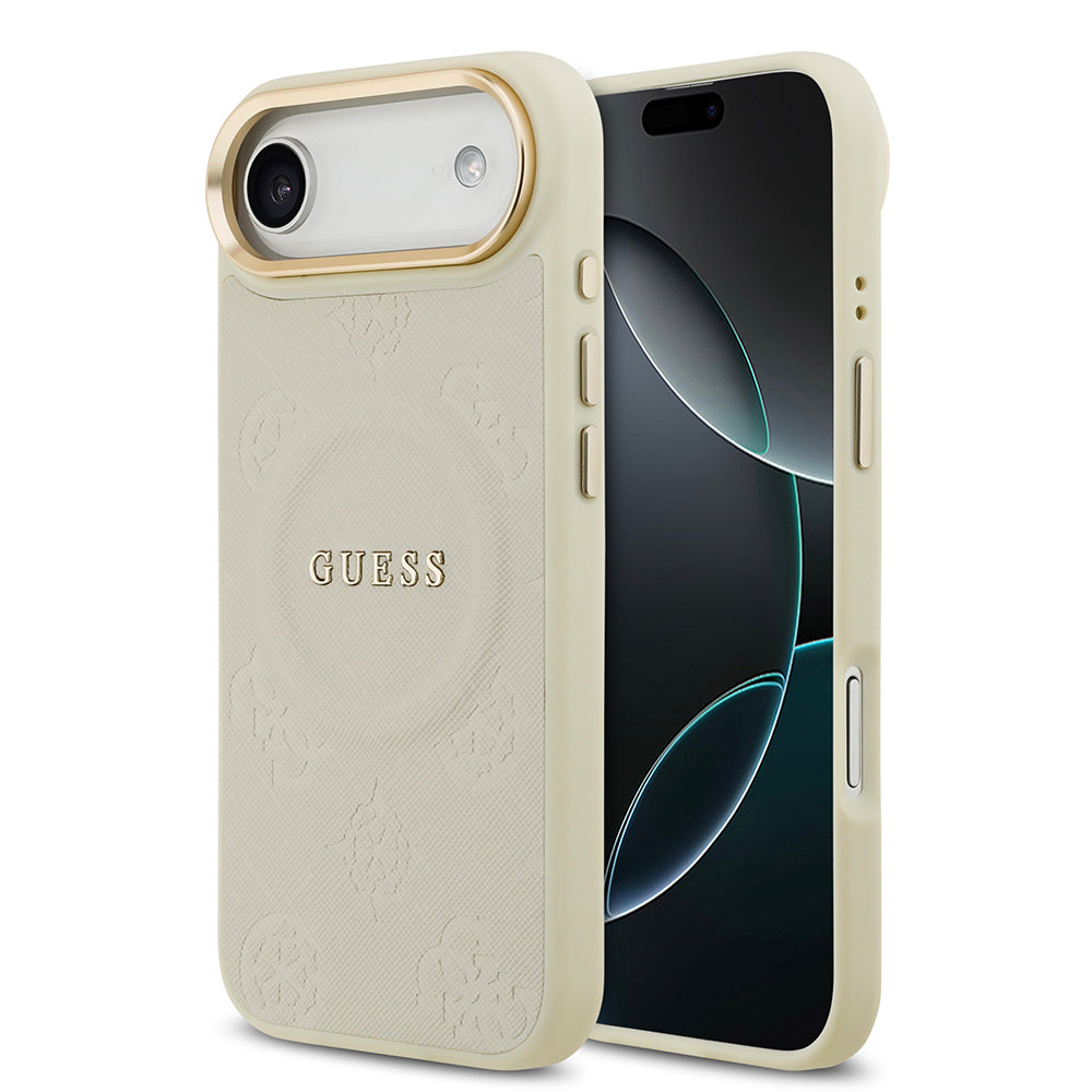 Apple iPhone 17 Air Kılıf Guess Orjinal Lisanslı M-safe Şarj Özellikli Sıcak Baskılı Yazı Logolu PU Deri Peony Kapak Bej
