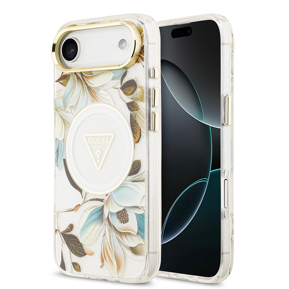 Apple iPhone 17 Air Kılıf Guess Orjinal Lisanslı M-safe Şarj Özellikli Simli Çiçek Desenli Metal Kamera Çerçeveli Üçgen Logolu Kapak Beyaz