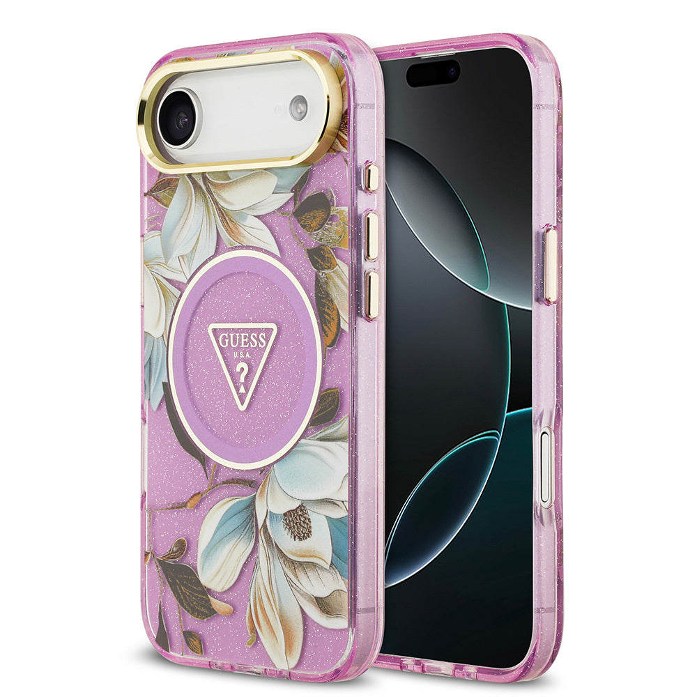 Apple iPhone 17 Air Kılıf Guess Orjinal Lisanslı M-safe Şarj Özellikli Simli Çiçek Desenli Metal Kamera Çerçeveli Üçgen Logolu Kapak Mor