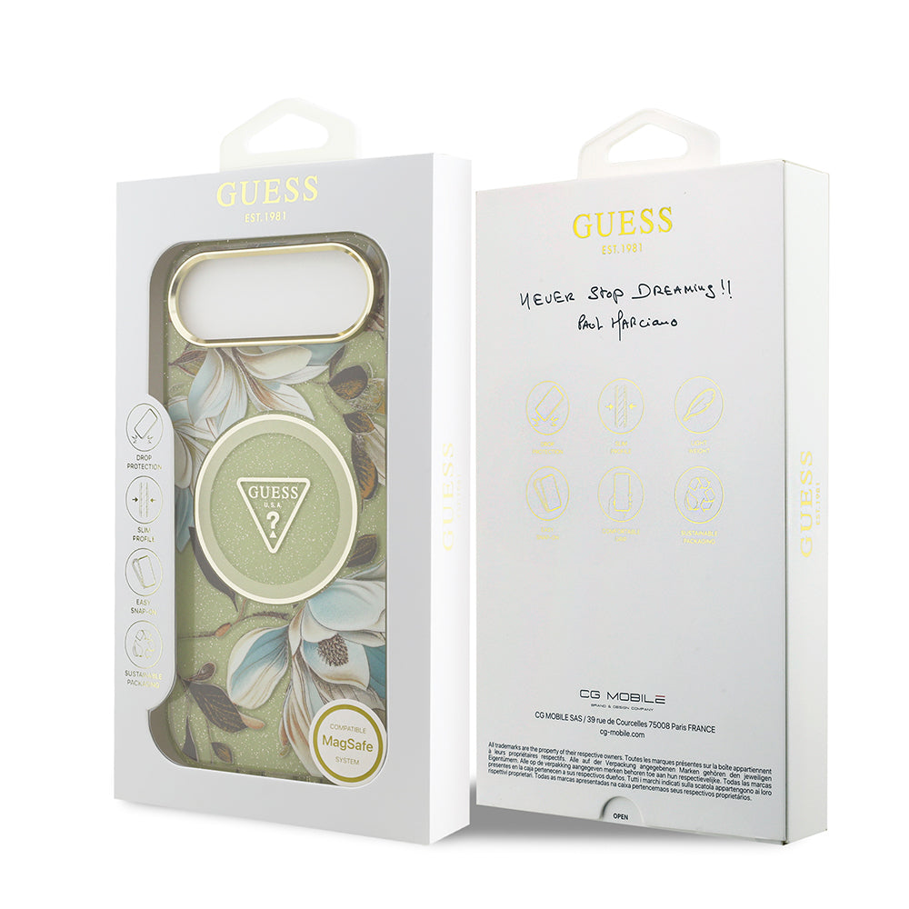 Apple iPhone 17 Air Kılıf Guess Orjinal Lisanslı M-safe Şarj Özellikli Simli Çiçek Desenli Metal Kamera Çerçeveli Üçgen Logolu Kapak Yeşil
