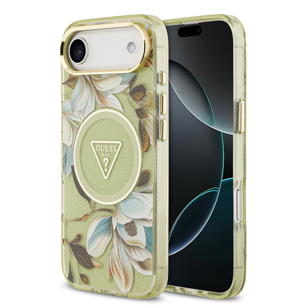 Apple iPhone 17 Air Kılıf Guess Orjinal Lisanslı M-safe Şarj Özellikli Simli Çiçek Desenli Metal Kamera Çerçeveli Üçgen Logolu Kapak Yeşil