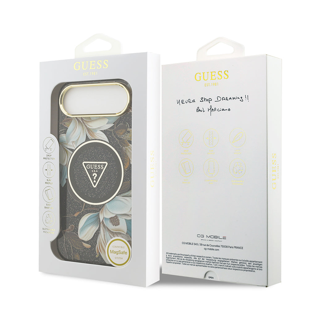 Apple iPhone 17 Air Kılıf Guess Orjinal Lisanslı M-safe Şarj Özellikli Simli Çiçek Desenli Metal Kamera Çerçeveli Üçgen Logolu Kapak Siyah
