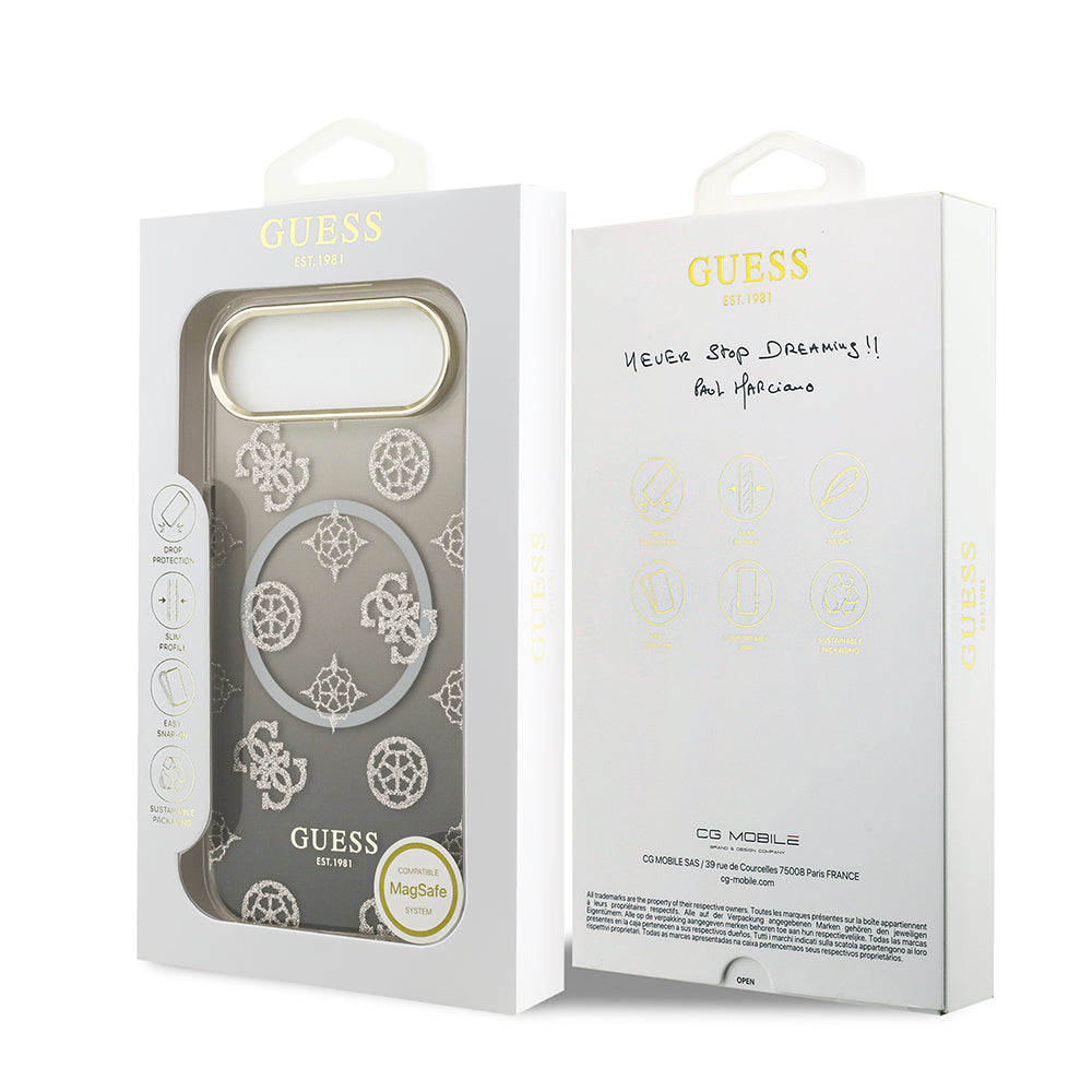 Apple iPhone 17 Air Kılıf Guess Orjinal Lisanslı M-safe Şarj Özellikli Simli Peony Desenli Silikon Kapak Siyah