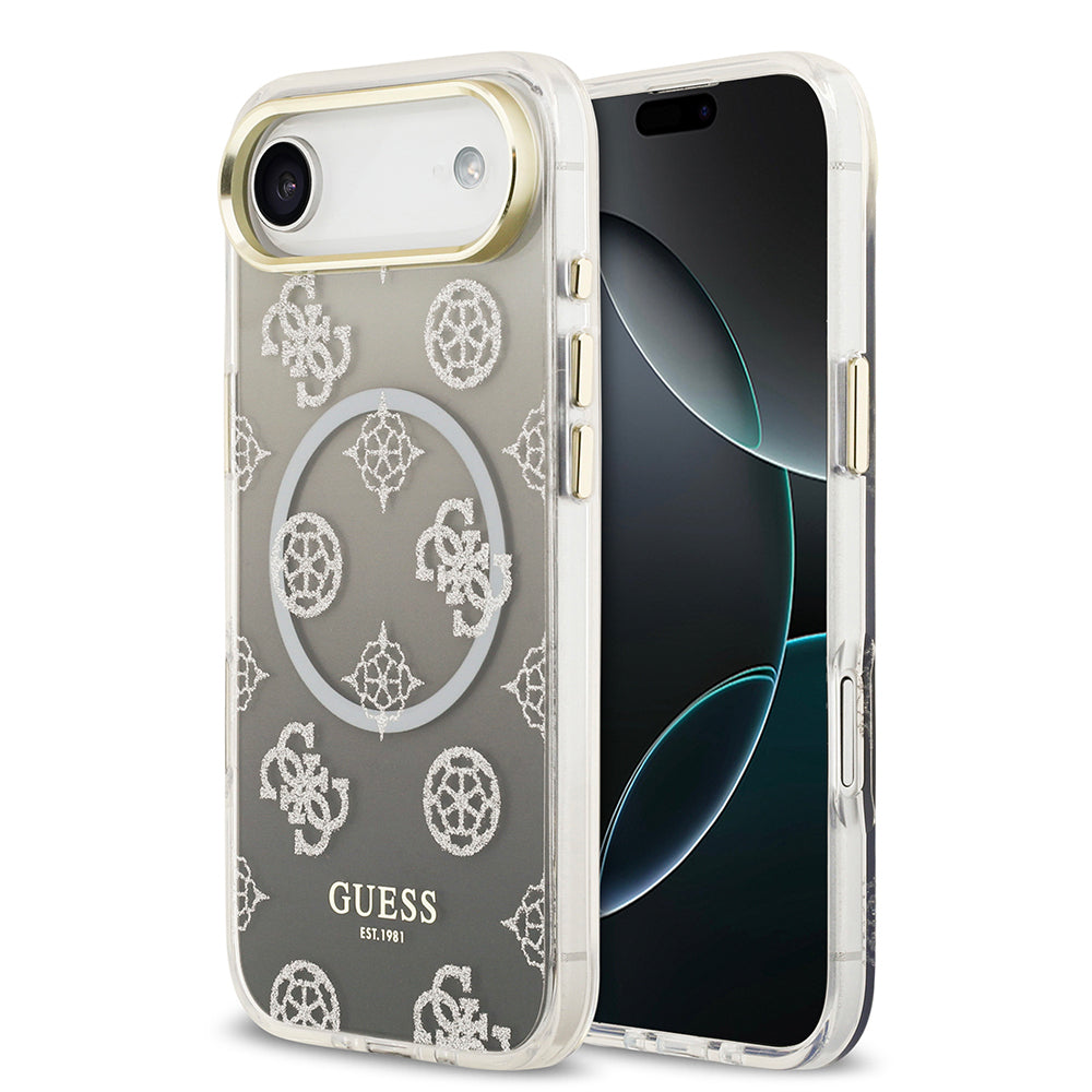 Apple iPhone 17 Air Kılıf Guess Orjinal Lisanslı M-safe Şarj Özellikli Simli Peony Desenli Silikon Kapak Siyah