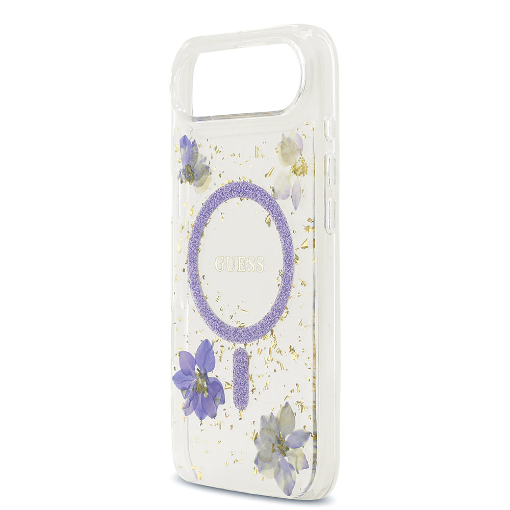 Apple iPhone 17 Air Kılıf Guess Orjinal Lisanslı M-safe Şarj Özellikli Transparan Resin Flowers Kapak Mor