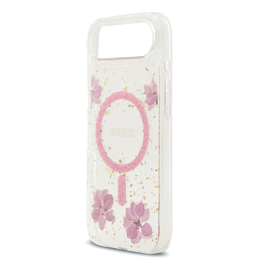 Apple iPhone 17 Air Kılıf Guess Orjinal Lisanslı M-safe Şarj Özellikli Transparan Resin Flowers Kapak Pembe