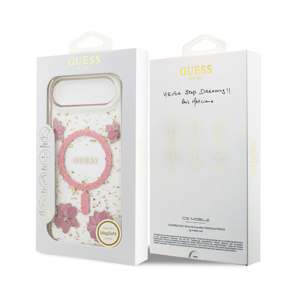 Apple iPhone 17 Air Kılıf Guess Orjinal Lisanslı M-safe Şarj Özellikli Transparan Resin Flowers Kapak Pembe