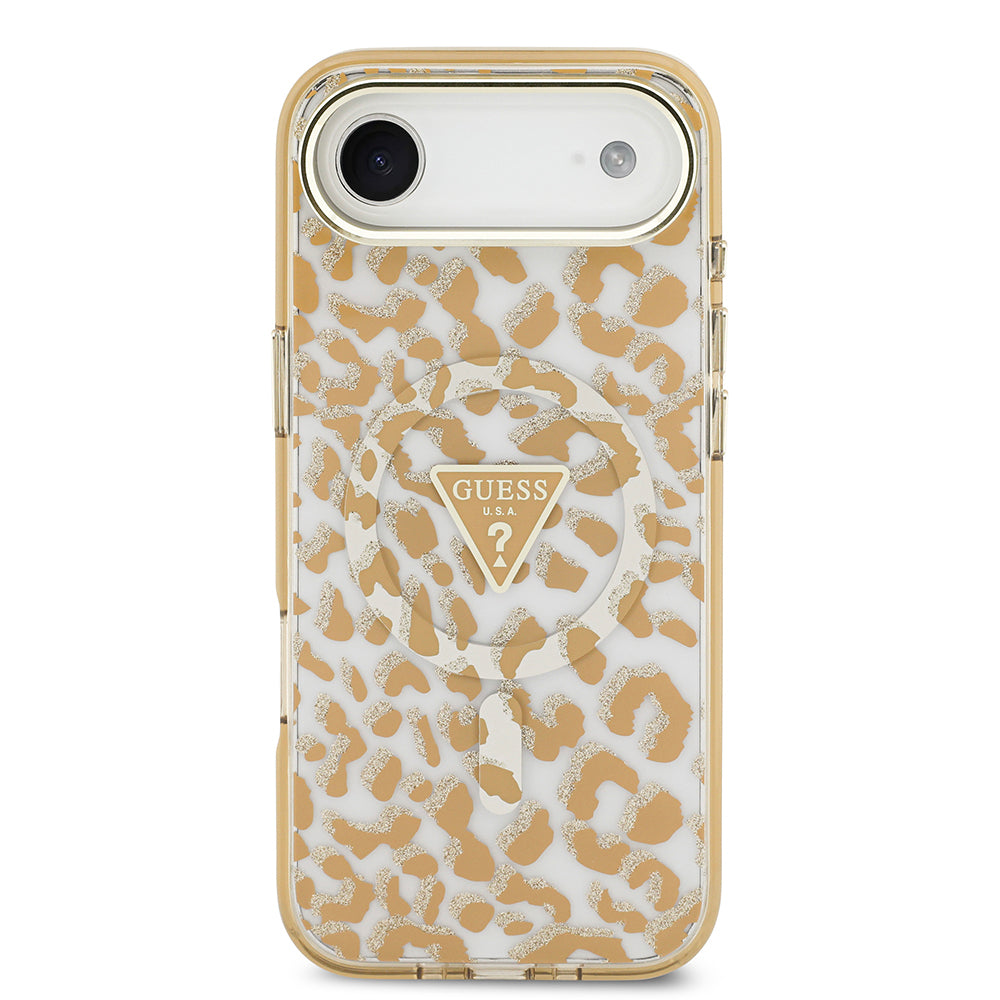 Apple iPhone 17 Air Kılıf Guess Orjinal Lisanslı M-safe Şarj Özellikli Üçgen Logolu Simli Leopar Desenli Kapak Kahverengi