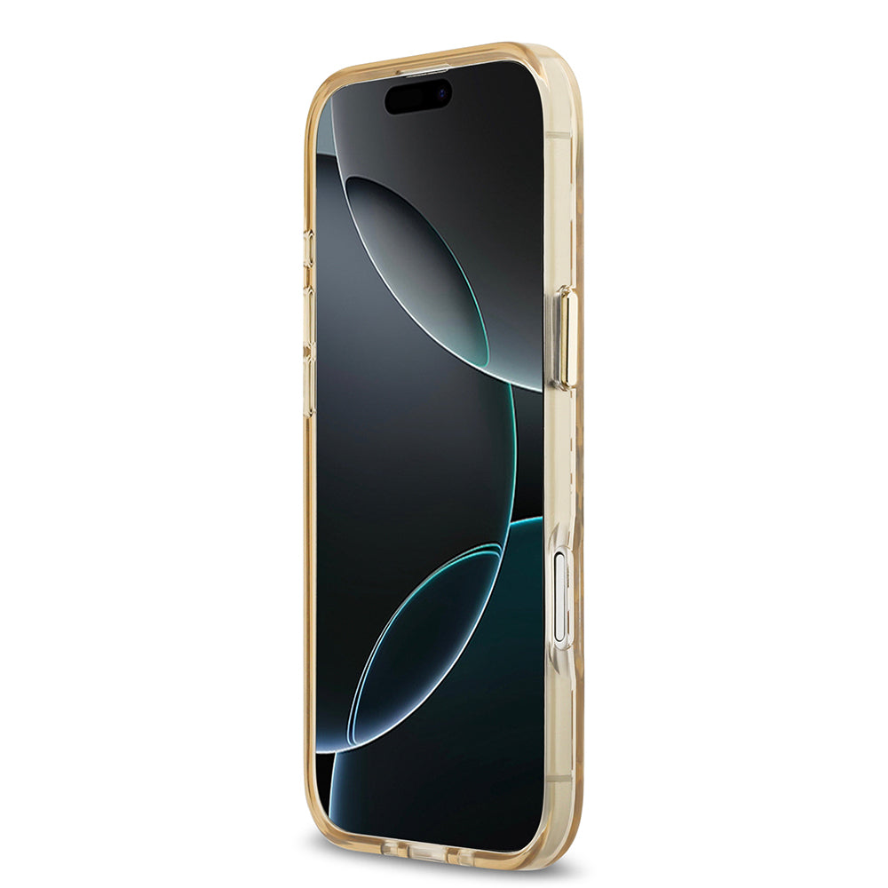 Apple iPhone 17 Air Kılıf Guess Orjinal Lisanslı M-safe Şarj Özellikli Üçgen Logolu Simli Leopar Desenli Kapak Kahverengi