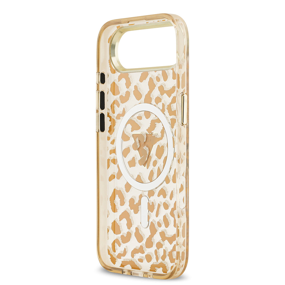 Apple iPhone 17 Air Kılıf Guess Orjinal Lisanslı M-safe Şarj Özellikli Üçgen Logolu Simli Leopar Desenli Kapak Kahverengi