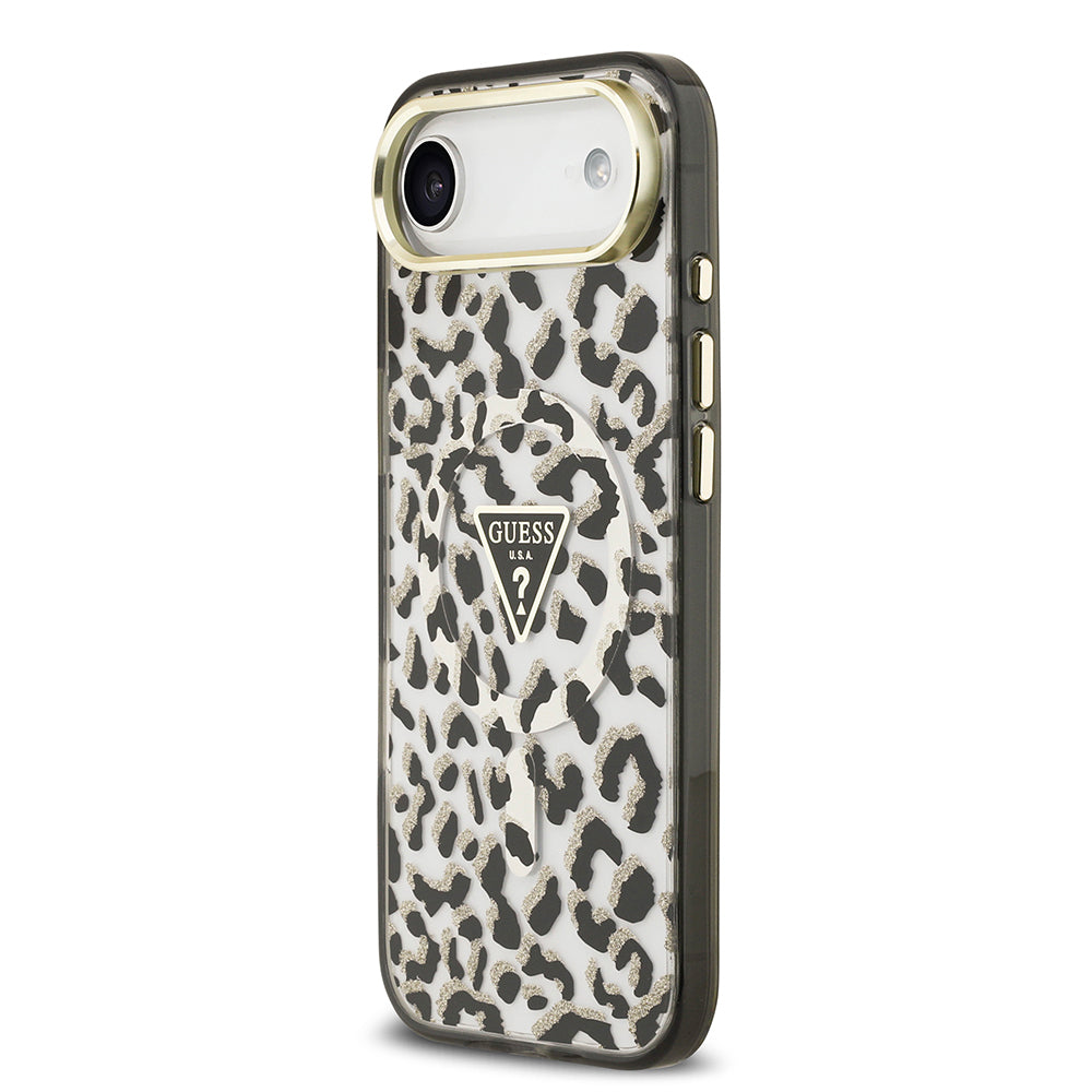 Apple iPhone 17 Air Kılıf Guess Orjinal Lisanslı M-safe Şarj Özellikli Üçgen Logolu Simli Leopar Desenli Kapak Siyah
