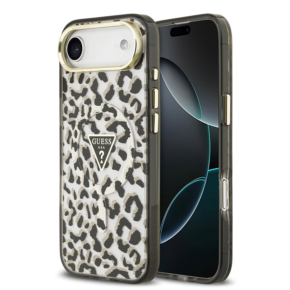 Apple iPhone 17 Air Kılıf Guess Orjinal Lisanslı M-safe Şarj Özellikli Üçgen Logolu Simli Leopar Desenli Kapak Siyah