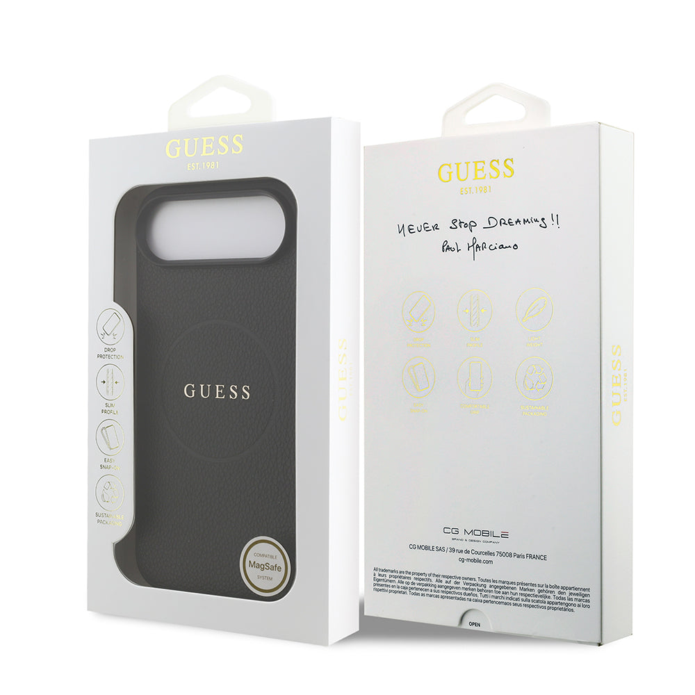 Apple iPhone 17 Air Kılıf Guess Orjinal Lisanslı M-safe Şarj Özellikli Yazı Logolu PU Deri Kapak Siyah