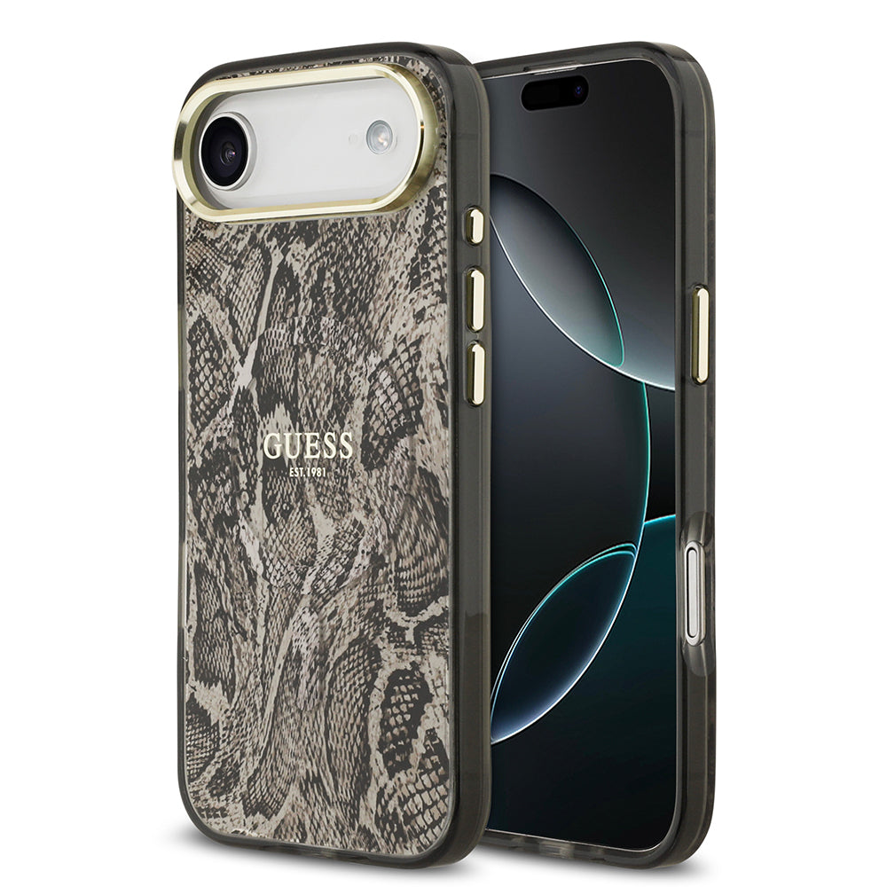 Apple iPhone 17 Air Kılıf Guess Orjinal Lisanslı M-safe Şarj Özellikli Yazı Logolu Python Desenli Kapak Kahverengi